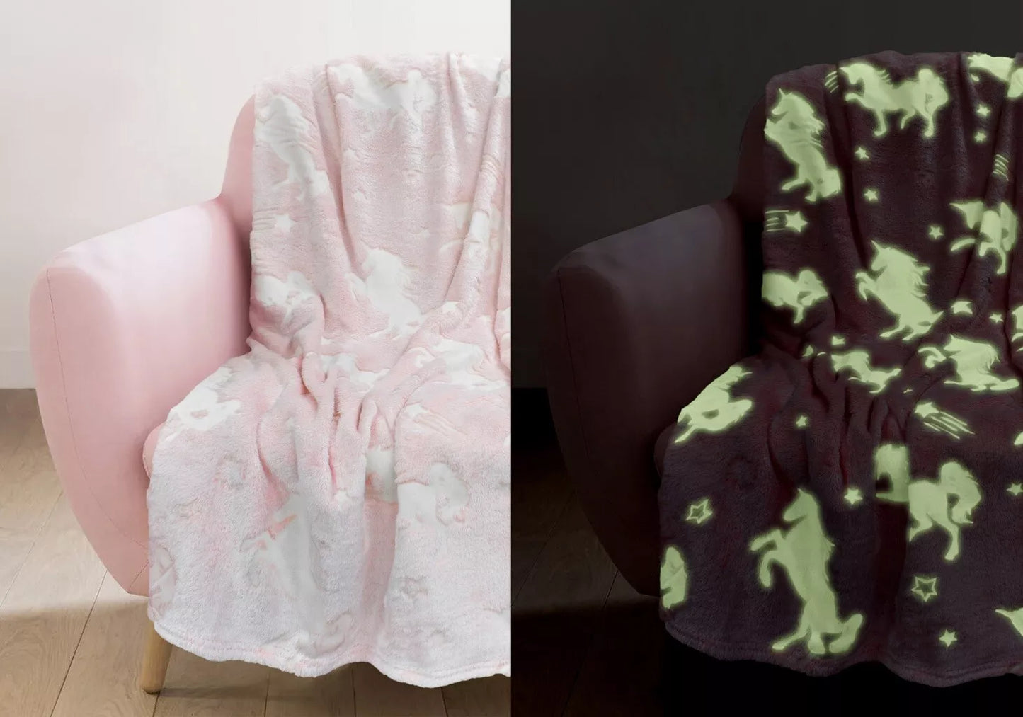 Unicorn Glow In The Dark Pink Blanket Soft Fleece Kids Soft Cosy Throw