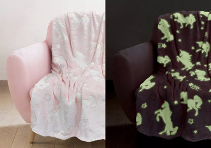 Unicorn Glow In The Dark Pink Blanket Soft Fleece Kids Soft Cosy Throw