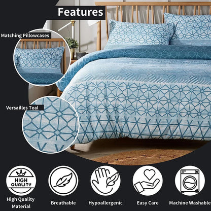 Versailles Teal Elegant Printed Duvet Cover Set Reversible Quilted Bedding