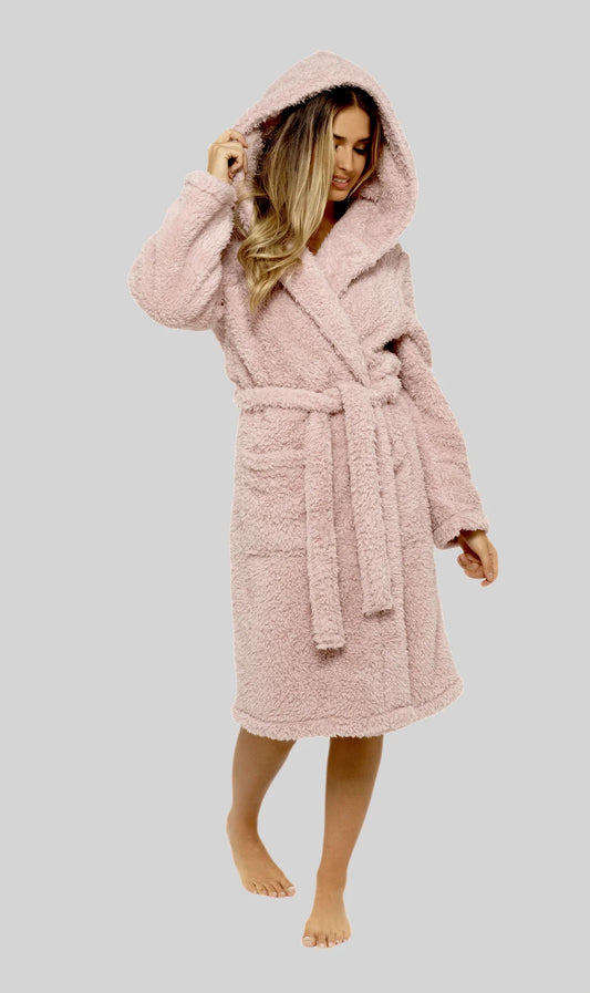 Women's Dusky Pink Teddy Fleece Hooded Robe with Sherpa Lining