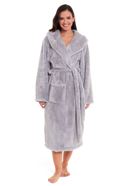 Women's Grey Velvet Touch Hooded Fleece Robe Soft Snuggle Lounge Wear