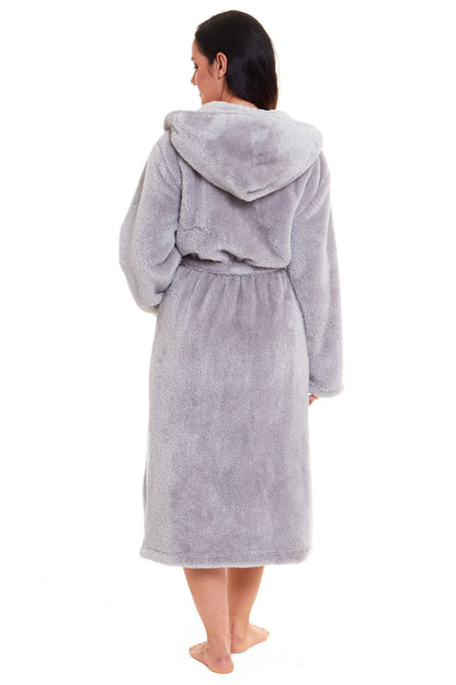 Women's Grey Velvet Touch Hooded Fleece Robe Soft Snuggle Lounge Wear