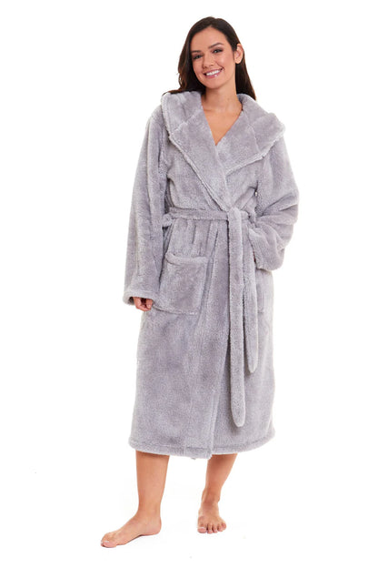 Women's Grey Velvet Touch Hooded Fleece Robe Soft Snuggle Lounge Wear