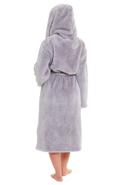 Women's Grey Velvet Touch Hooded Fleece Robe Soft Snuggle Lounge Wear