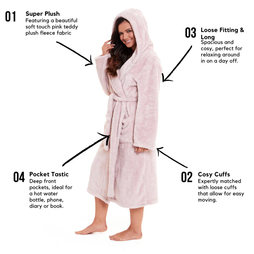 Women's Pink Velvet Touch Fleece Hooded Dressing Gown Ultra-Soft Fluffy Bathrobe