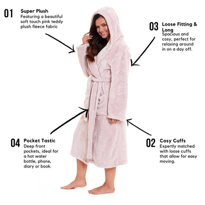 Women's Pink Velvet Touch Fleece Hooded Dressing Gown Ultra-Soft Fluffy Bathrobe