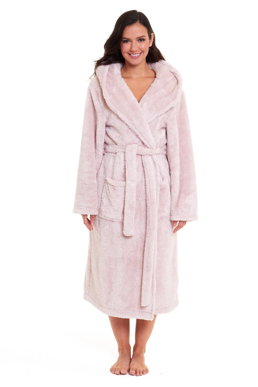 Women's Pink Velvet Touch Fleece Hooded Dressing Gown Ultra-Soft Fluffy Bathrobe