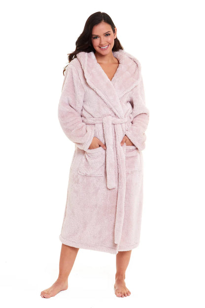 Women's Pink Velvet Touch Fleece Hooded Dressing Gown Ultra-Soft Fluffy Bathrobe