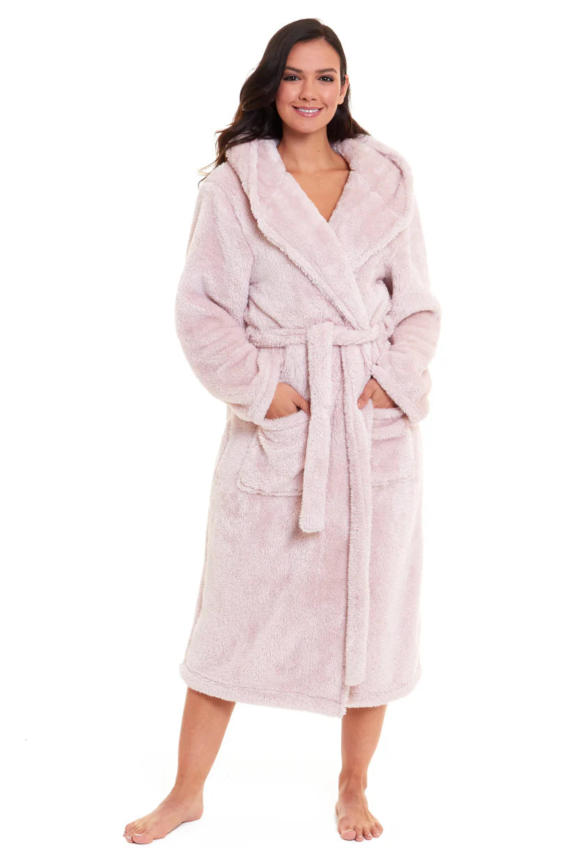 Women's Pink Velvet Touch Fleece Hooded Dressing Gown Ultra-Soft Fluffy Bathrobe