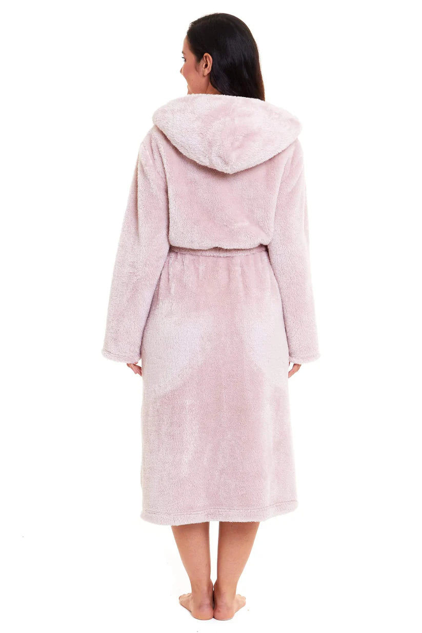 Women's Pink Velvet Touch Fleece Hooded Dressing Gown Ultra-Soft Fluffy Bathrobe