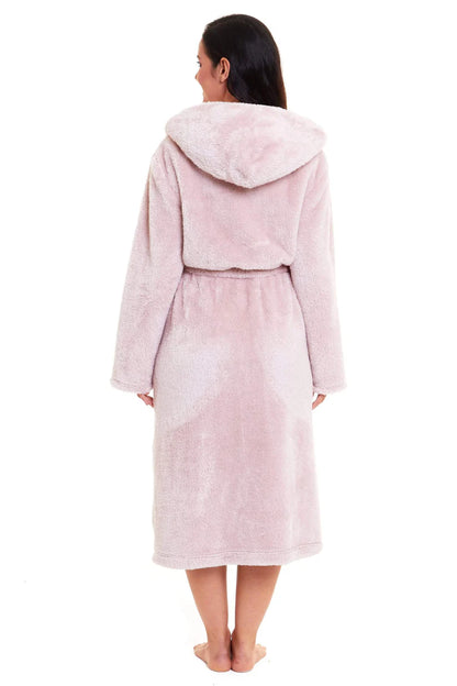 Women's Pink Velvet Touch Fleece Hooded Dressing Gown Ultra-Soft Fluffy Bathrobe
