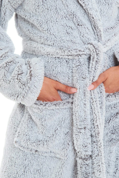 Women's Shimmer Grey Luxurious Velvet Fleece Hooded Dressing Gown