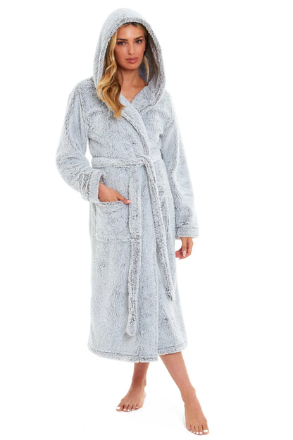 Women's Shimmer Grey Luxurious Velvet Fleece Hooded Dressing Gown