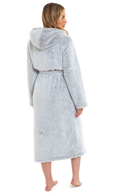 Women's Shimmer Grey Luxurious Velvet Fleece Hooded Dressing Gown