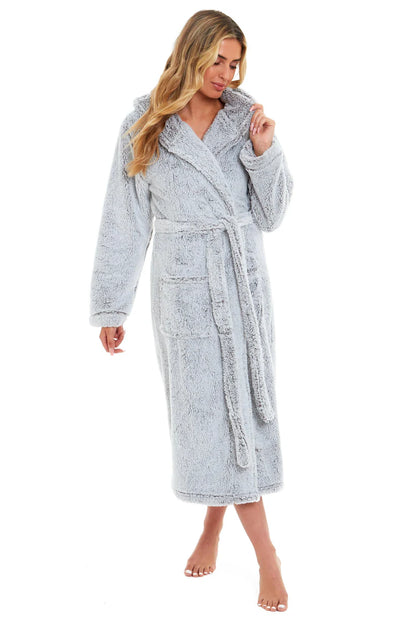 Women's Shimmer Grey Luxurious Velvet Fleece Hooded Dressing Gown