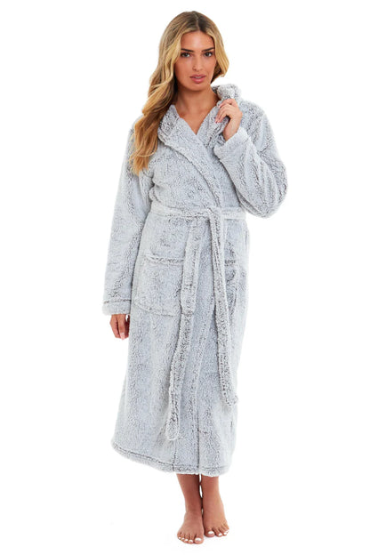 Women's Shimmer Grey Luxurious Velvet Fleece Hooded Dressing Gown