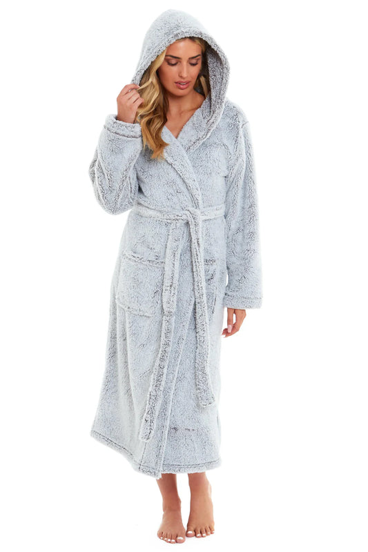 Women's Shimmer Grey Luxurious Velvet Fleece Hooded Dressing Gown