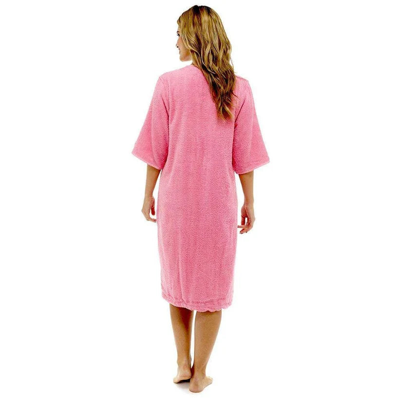 Women's Soft Fluffy Terry Towelling Zip Through Bathrobe 100% Cotton Ultra Absorbent