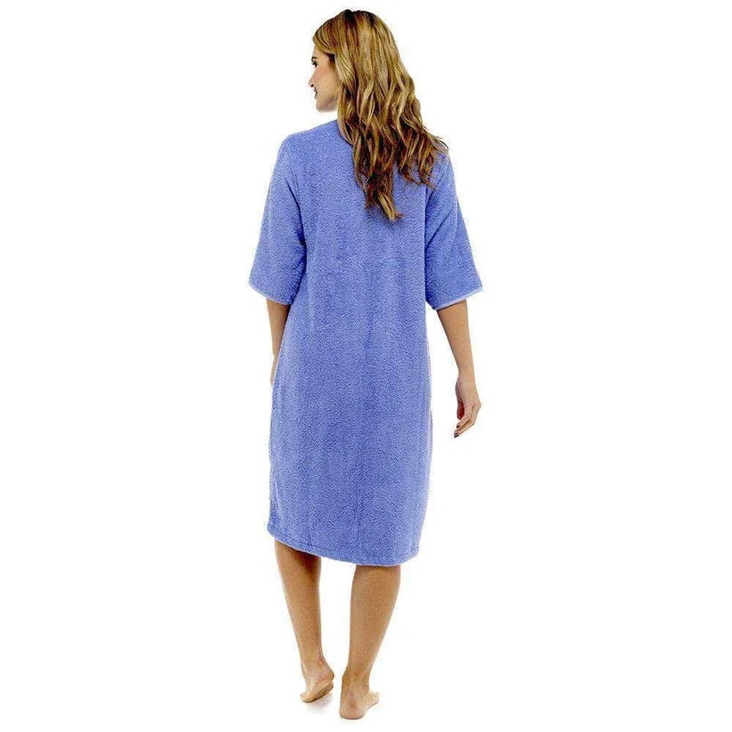 Women's Soft Fluffy Terry Towelling Zip Through Bathrobe 100% Cotton Ultra Absorbent