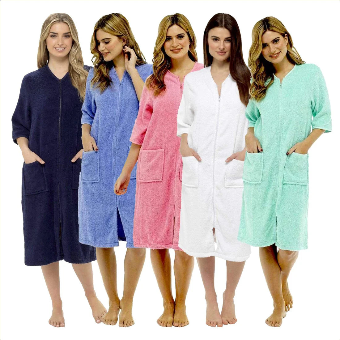 Women's Soft Fluffy Terry Towelling Zip Through Bathrobe 100% Cotton Ultra Absorbent