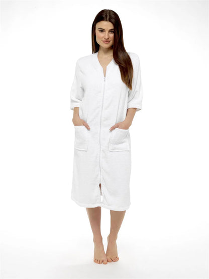 Women's Soft Fluffy Terry Towelling Zip Through Bathrobe 100% Cotton Ultra Absorbent