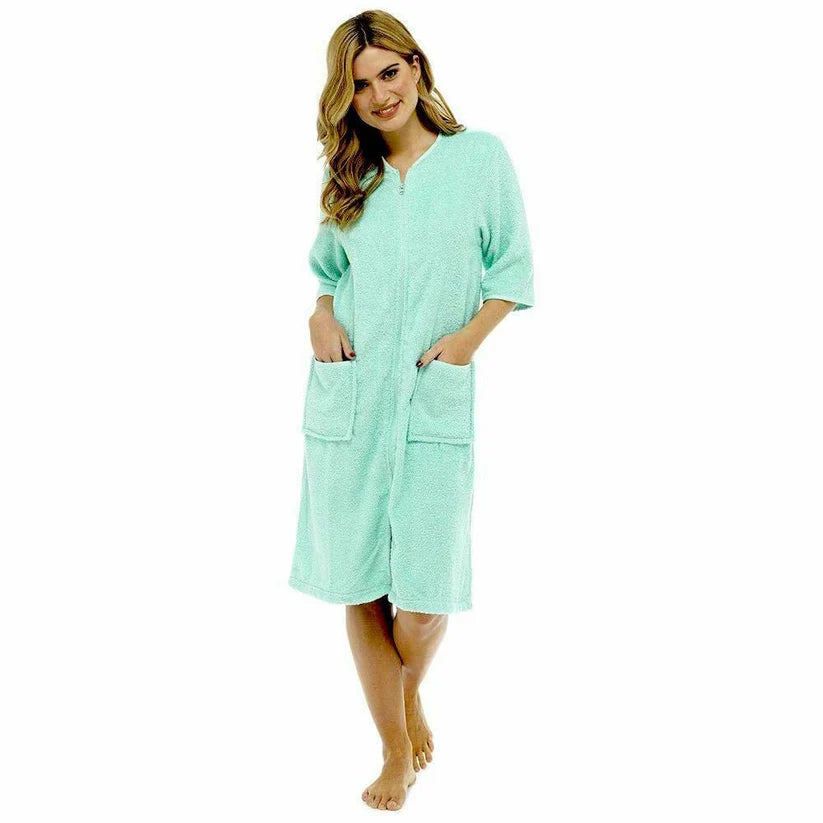 Women's Soft Fluffy Terry Towelling Zip Through Bathrobe 100% Cotton Ultra Absorbent