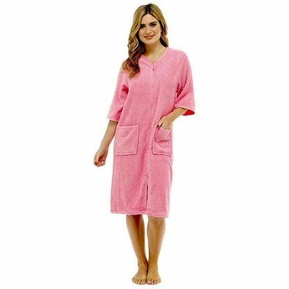 Women's Soft Fluffy Terry Towelling Zip Through Bathrobe 100% Cotton Ultra Absorbent