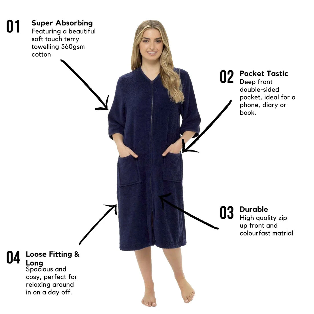 Women's Soft Fluffy Terry Towelling Zip Through Bathrobe 100% Cotton Ultra Absorbent