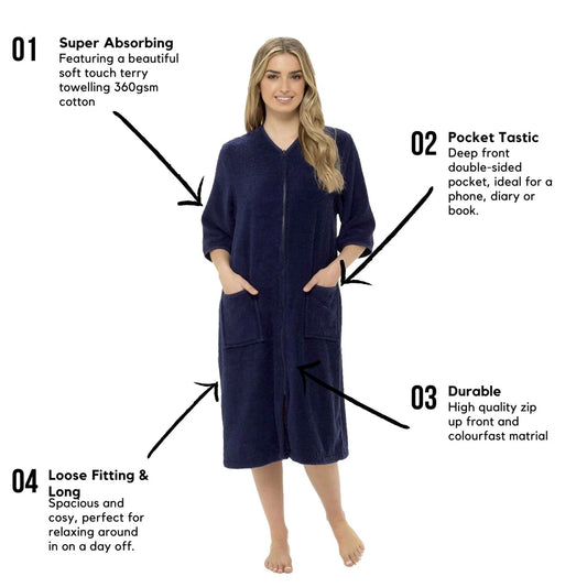 Women's Soft Fluffy Terry Towelling Zip Through Bathrobe 100% Cotton Ultra Absorbent
