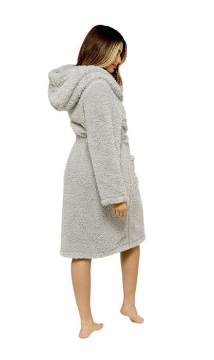 Women's Soft Grey Teddy Fleece Hooded Robe Ultra-Soft Sherpa Lined Cosy Nightwear