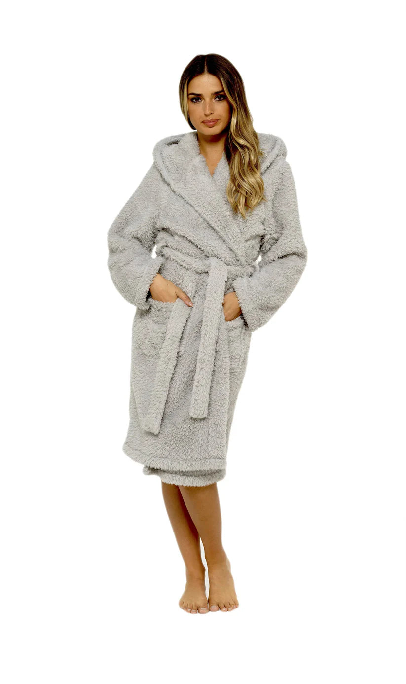 Women's Soft Grey Teddy Fleece Hooded Robe Ultra-Soft Sherpa Lined Cosy Nightwear