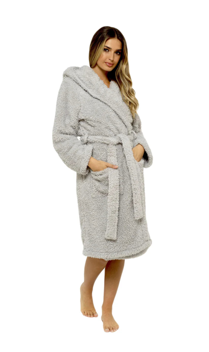 Women's Soft Grey Teddy Fleece Hooded Robe Ultra-Soft Sherpa Lined Cosy Nightwear