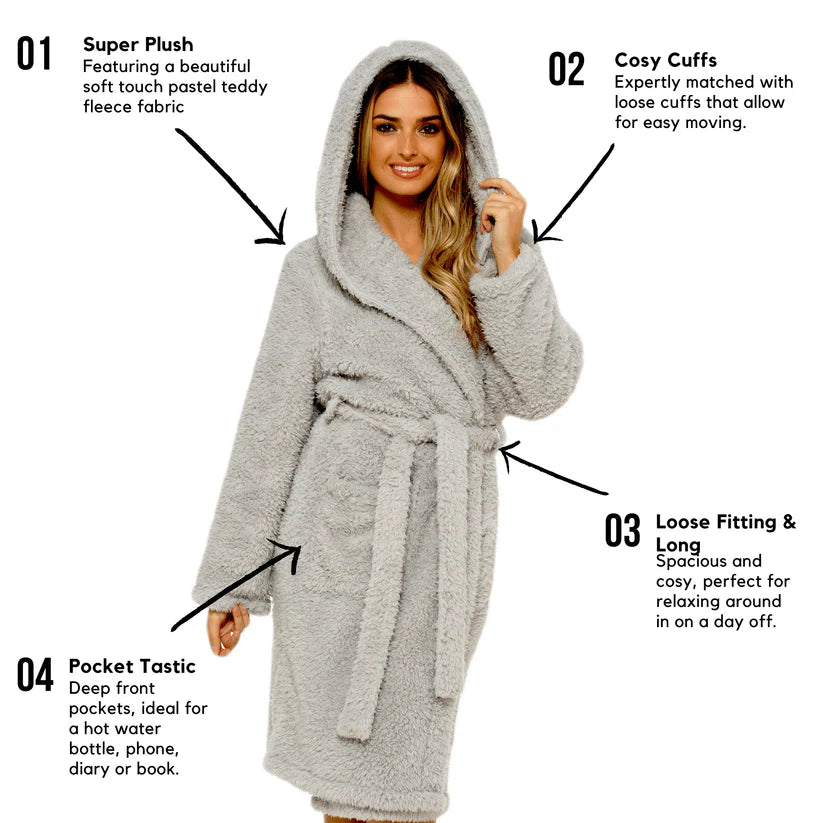 Women's Soft Grey Teddy Fleece Hooded Robe Ultra-Soft Sherpa Lined Cosy Nightwear