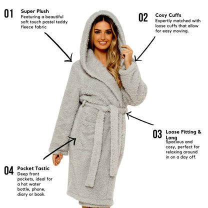 Women's Soft Grey Teddy Fleece Hooded Robe Ultra-Soft Sherpa Lined Cosy Nightwear