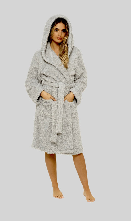 Women's Soft Grey Teddy Fleece Hooded Robe Ultra-Soft Sherpa Lined Cosy Nightwear